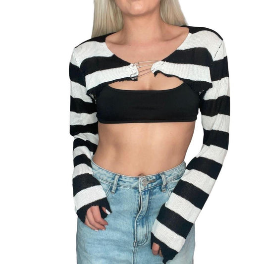 White and Black Striped Distressed Cropped Safety Pin Jumper