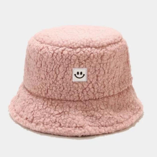 Pink Fuzzy Smiley Face Bucket Hat