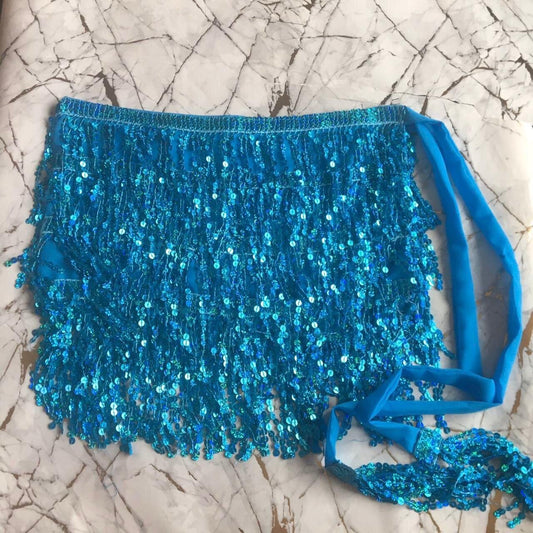 Blue Sequin Tassel Mini Wrap Skirt