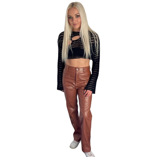 Brown Faux Leather Straight Leg Trousers