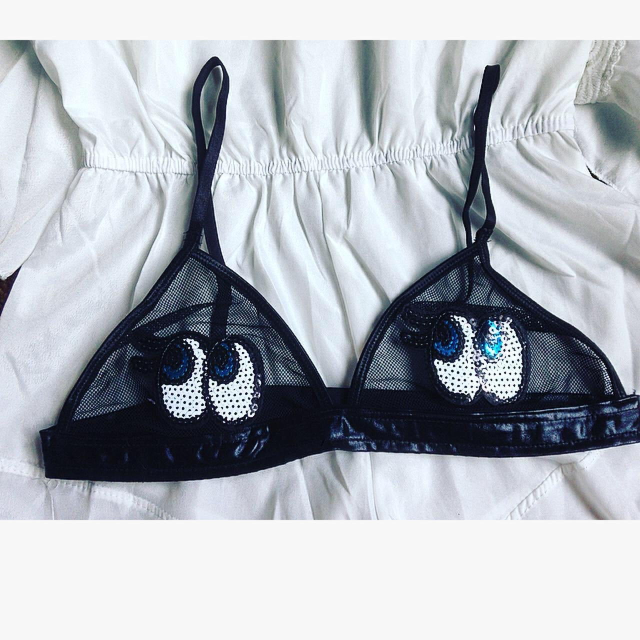 Sequin Eyes Patch Mesh Faux Leather Bra