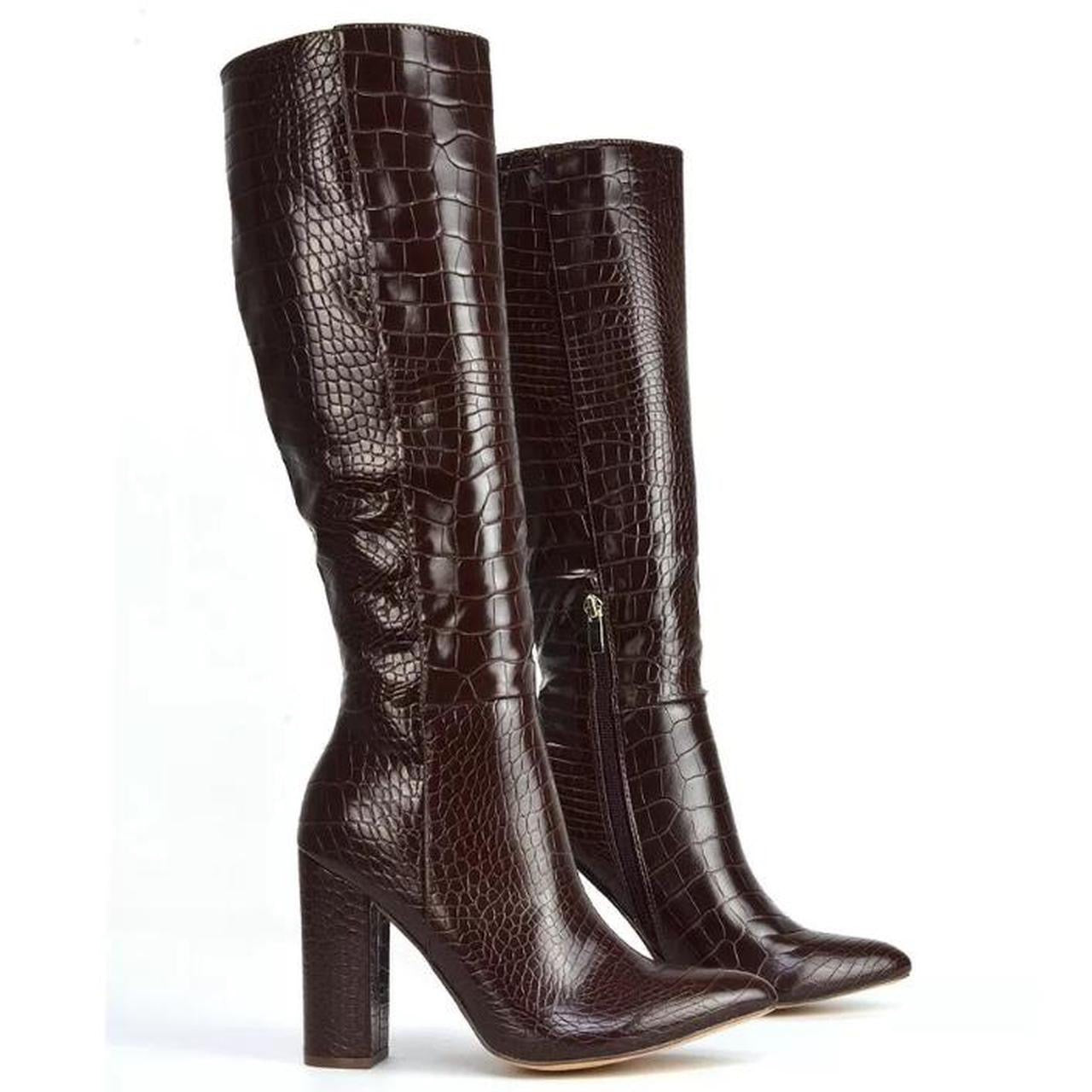 Brown Faux Leather Crocodile Knee High Heel Boots