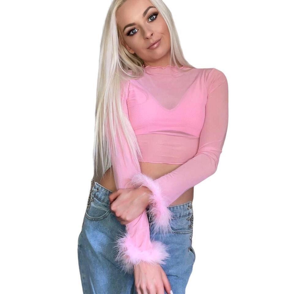 Pink Mesh Fluffy Long Sleeve Crop Top