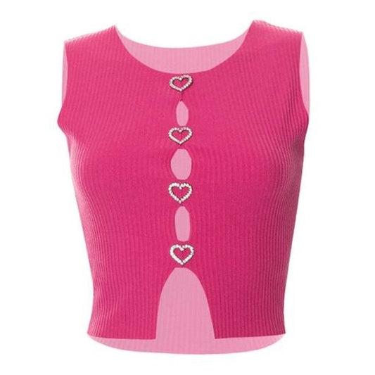 Pink Diamanté Heart Keyhole Crop Top