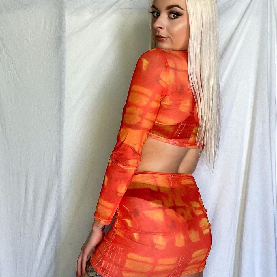 Orange Tie Dye Mesh Skirt Festival Set