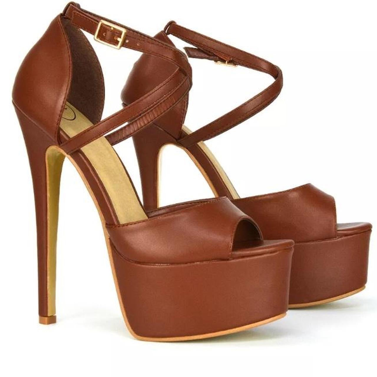 Brown Faux Leather Platform Stiletto Heels