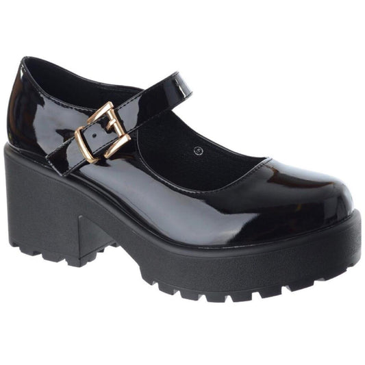 Black Patent Faux Leather Chunky Mary Jane Shoes