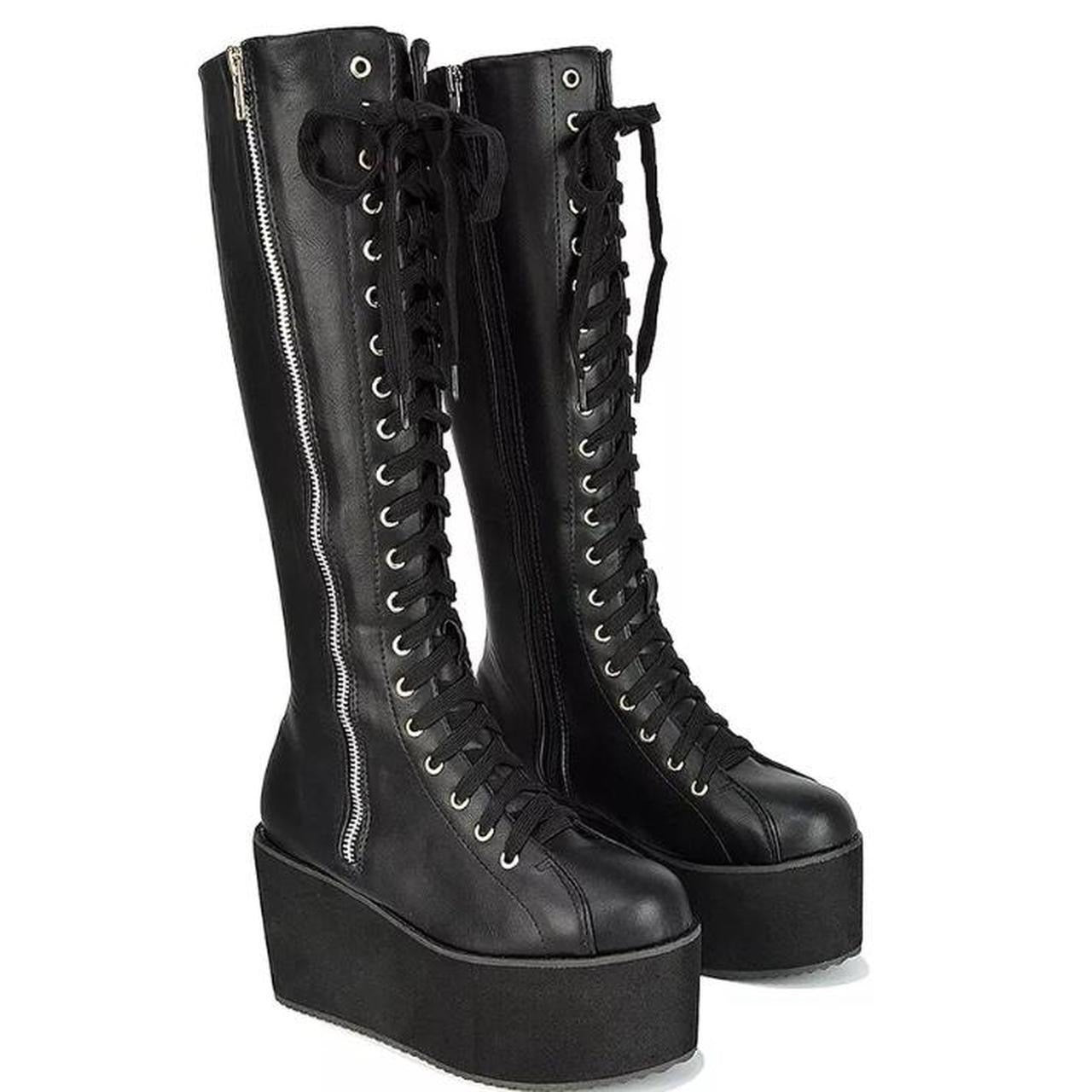 Black Faux Leather Knee High Platform Boots