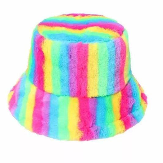 Multicoloured Rainbow Striped Fluffy Bucket Hat