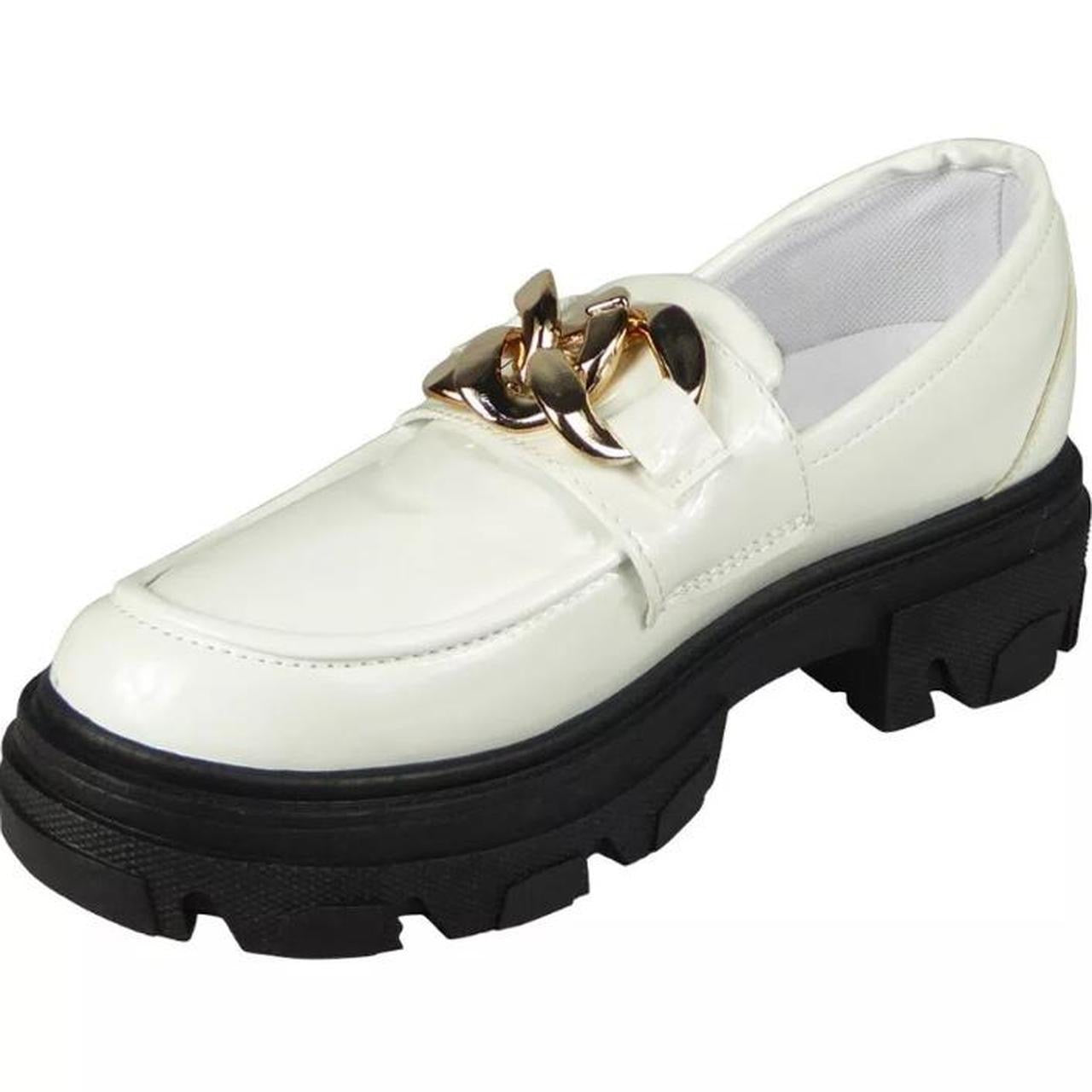 White Patent Faux Leather Chain Chunky Loafers