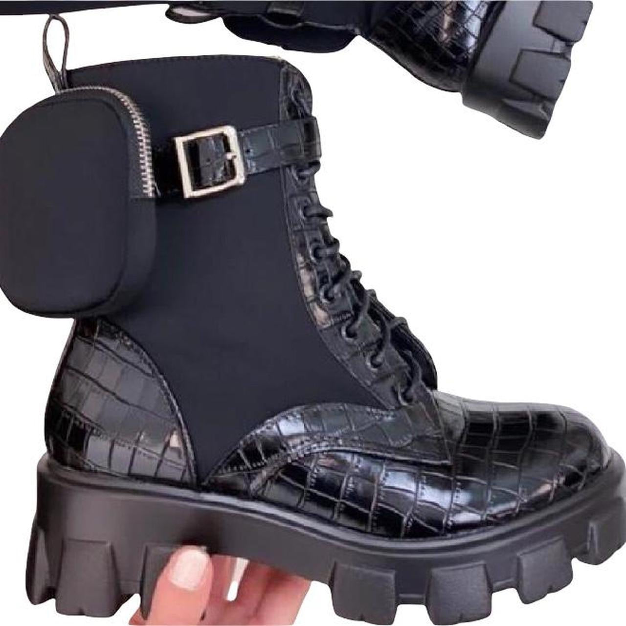 Black Faux Leather Crocodile Combat Purse Boots