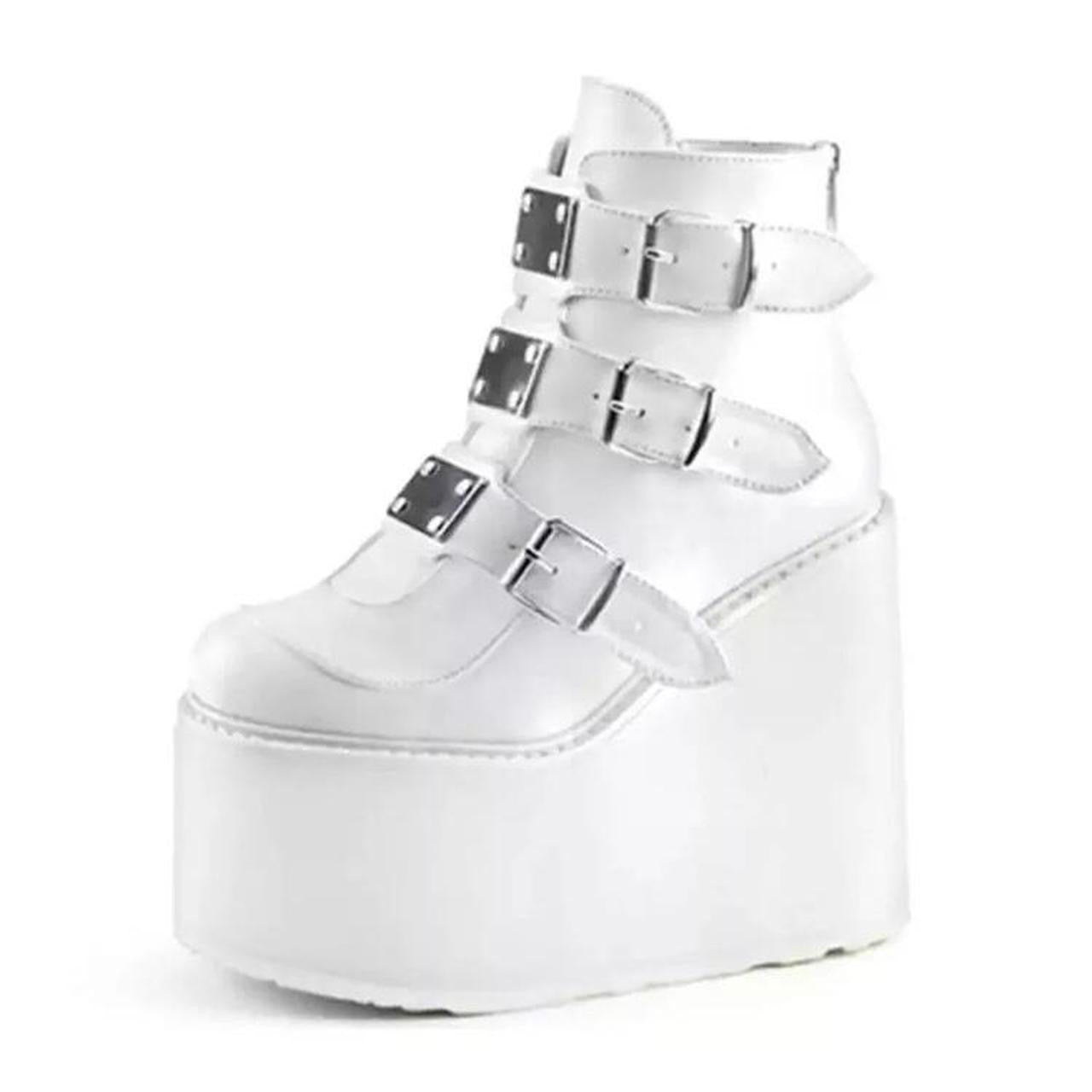 White Punk Faux Leather Buckle Platform Ankle Boots