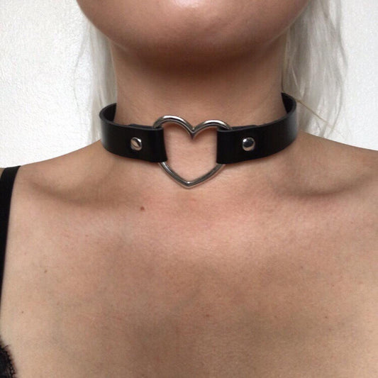 Black Faux Leather Heart Ring Choker