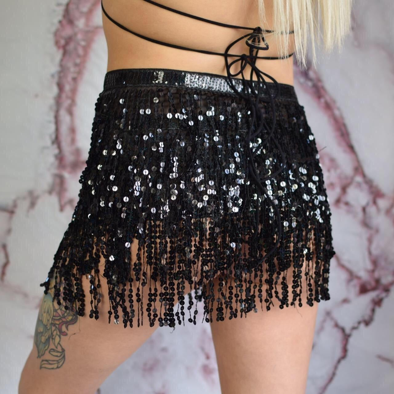 Black Sequin Tassel Wrap Mini Skirt