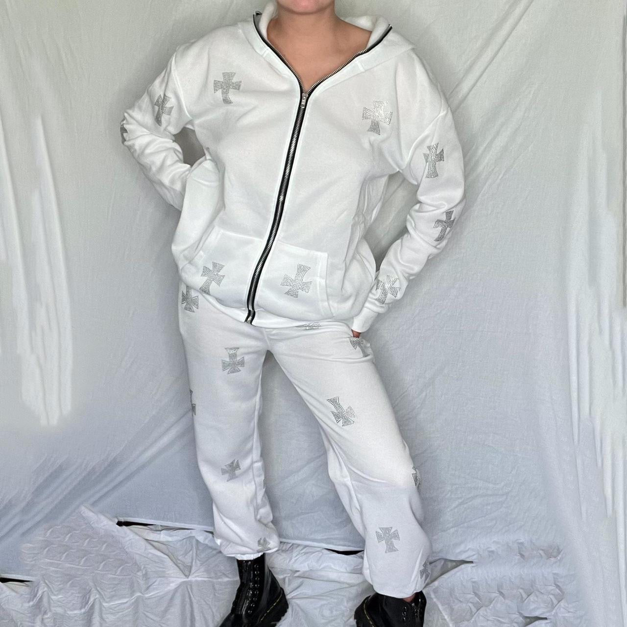 White Rhinestone Cross Tracksuit Set