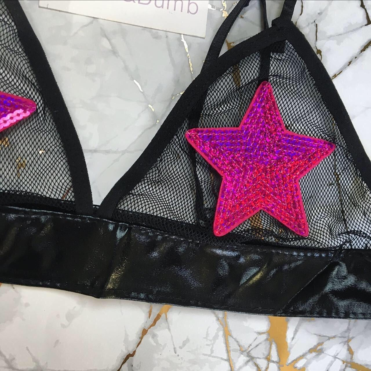 Pink sequin Star Patch Mesh Faux Leather Bra