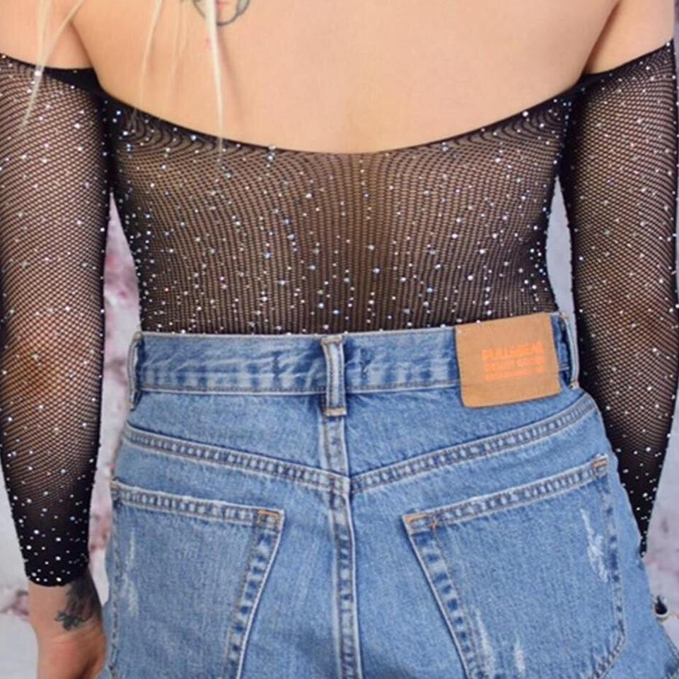 Black Mesh Rhinestone Festival Bodysuit