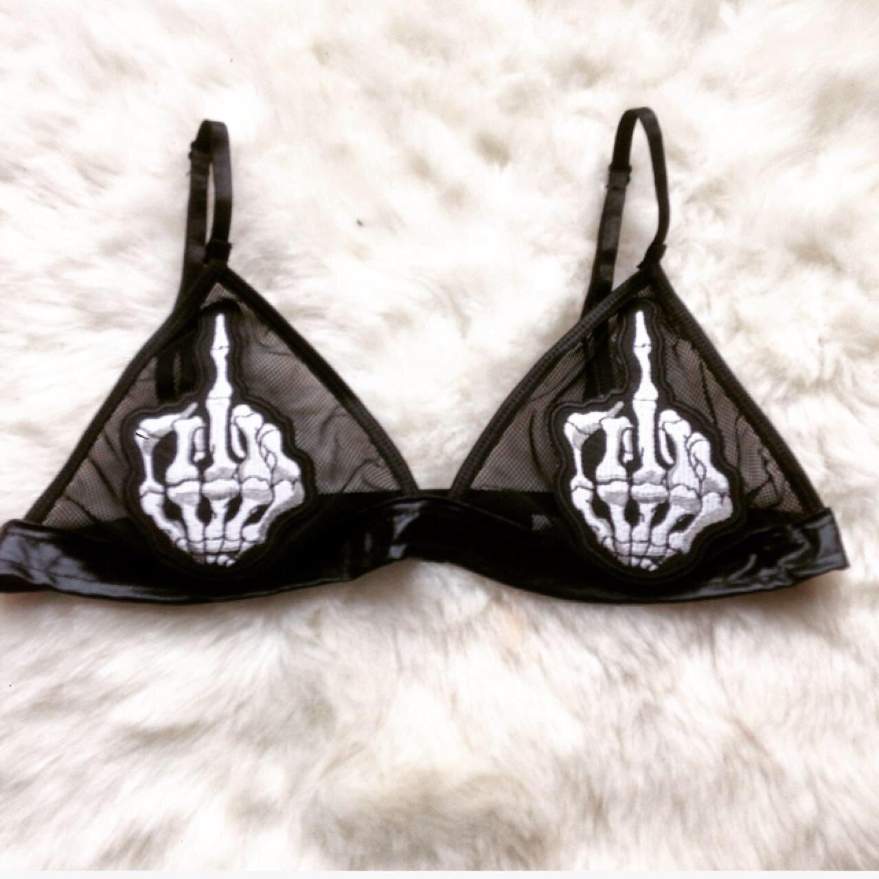 Skeleton Patch Mesh Faux Leather Bra