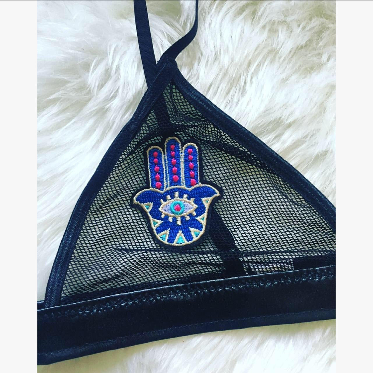 Hamsa Patch Mesh Faux Leather Bra