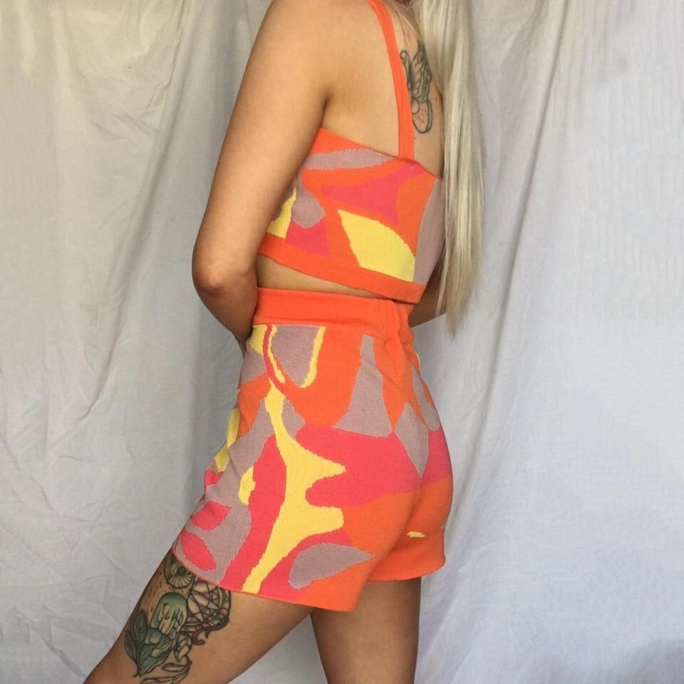 Orange Knitted Abstract Print Shorts Set