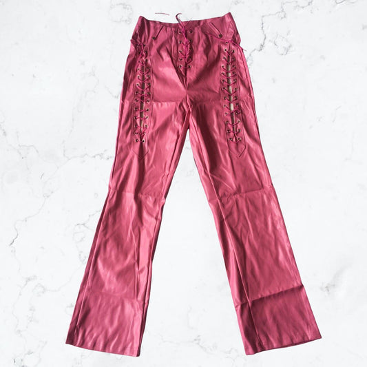 Pink Faux Leather Lace Up Straight Leg Trousers