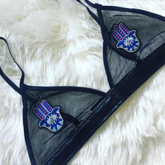 Hamsa Patch Mesh Faux Leather Bra