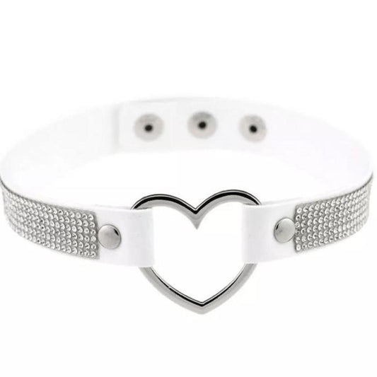 White Faux Leather Rhinestone Heart Ring Choker