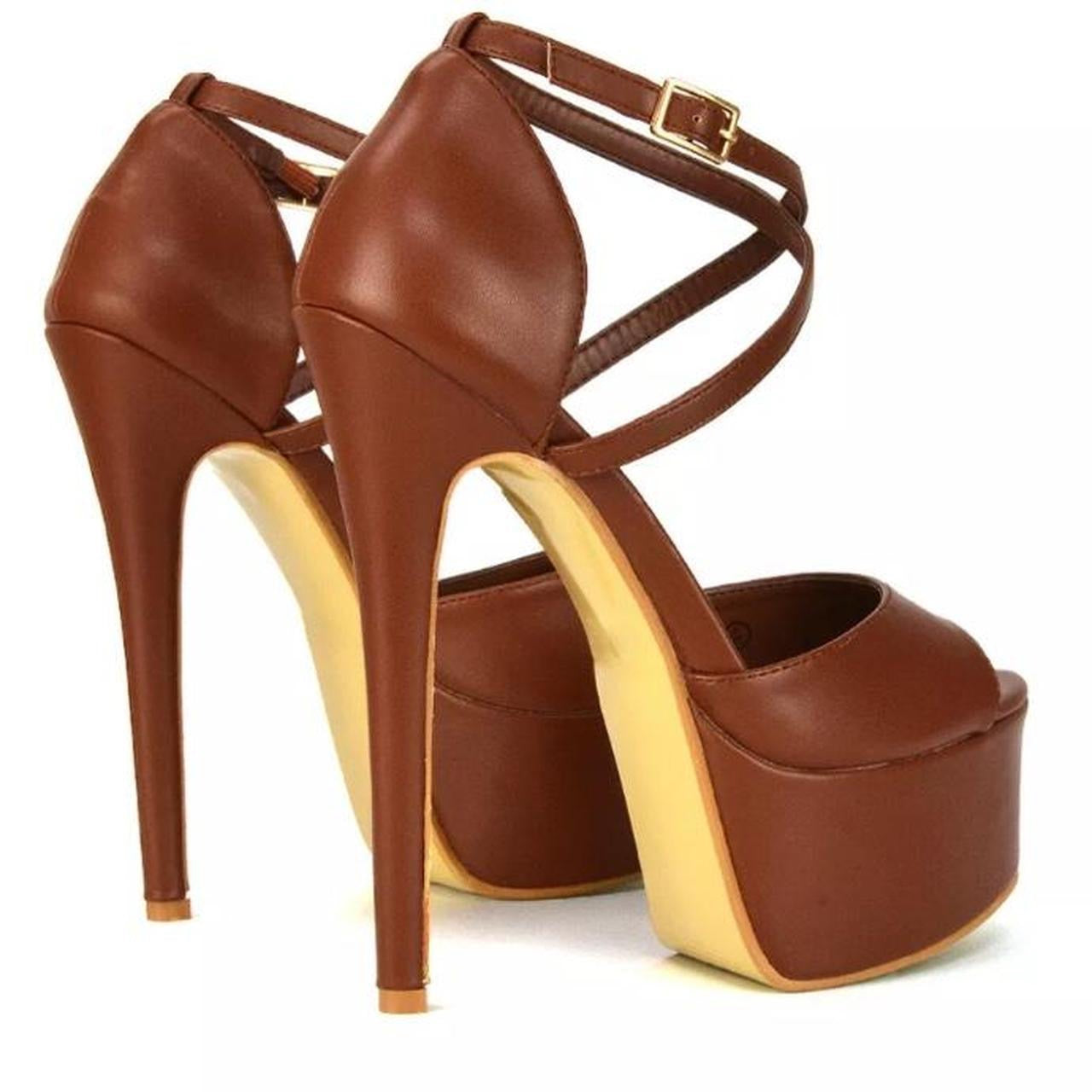 Brown Faux Leather Platform Stiletto Heels