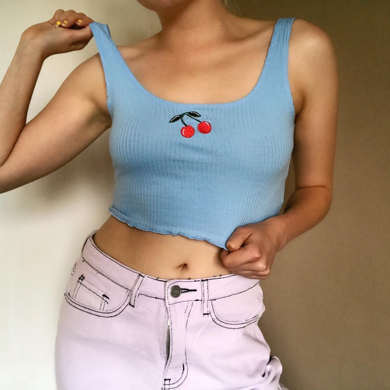 Blue Cherry Embroidered Crop Top