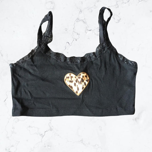 Black Lace Leopard Print Heart Crop Top