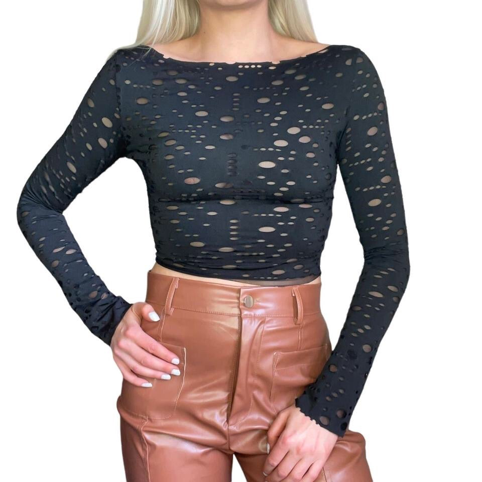 Black Double Layer Mesh Hole Long Sleeve Crop top