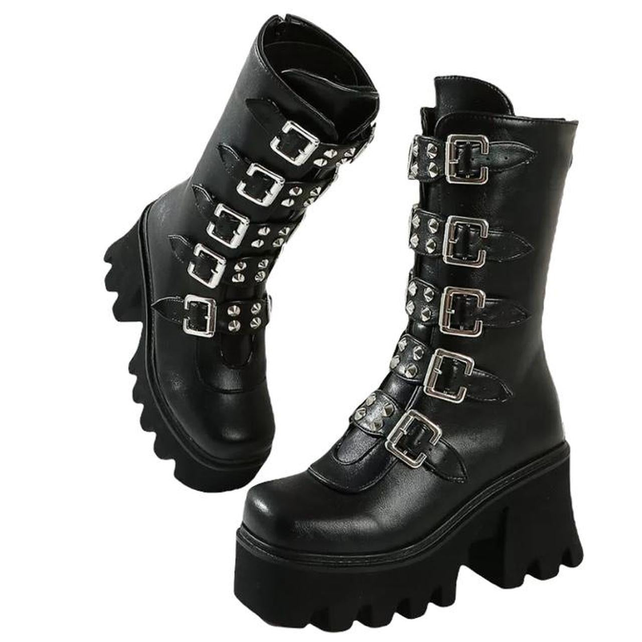 Black Faux Leather Knee High Punk Chunky Boots