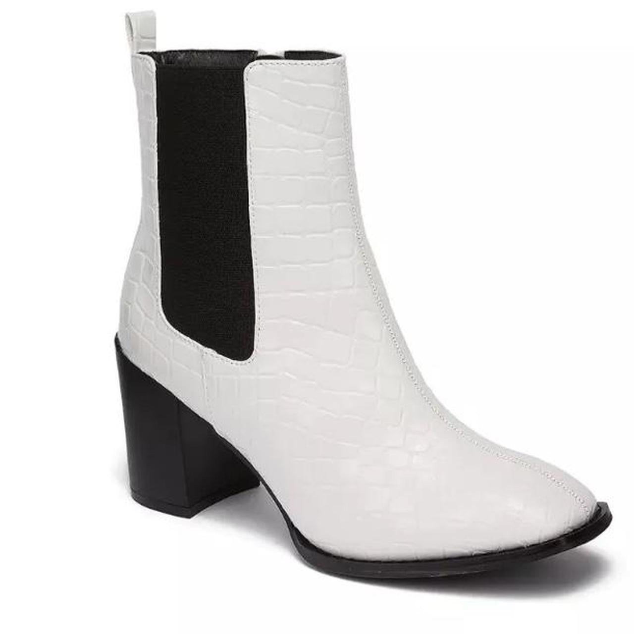 White Faux Leather Crocodile Heel Chelsea Boots