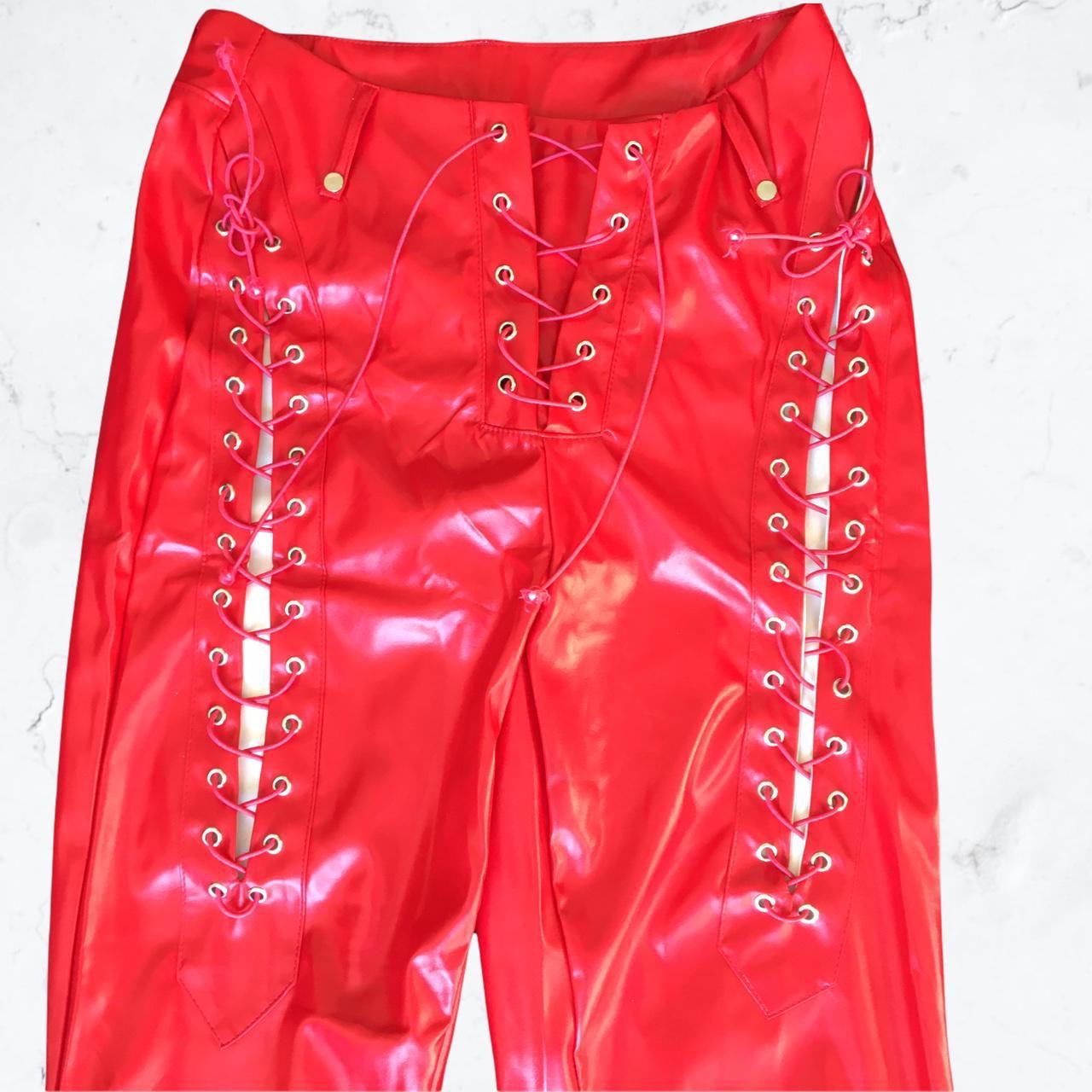 Red Faux Leather Lace Up Straight Leg Trousers