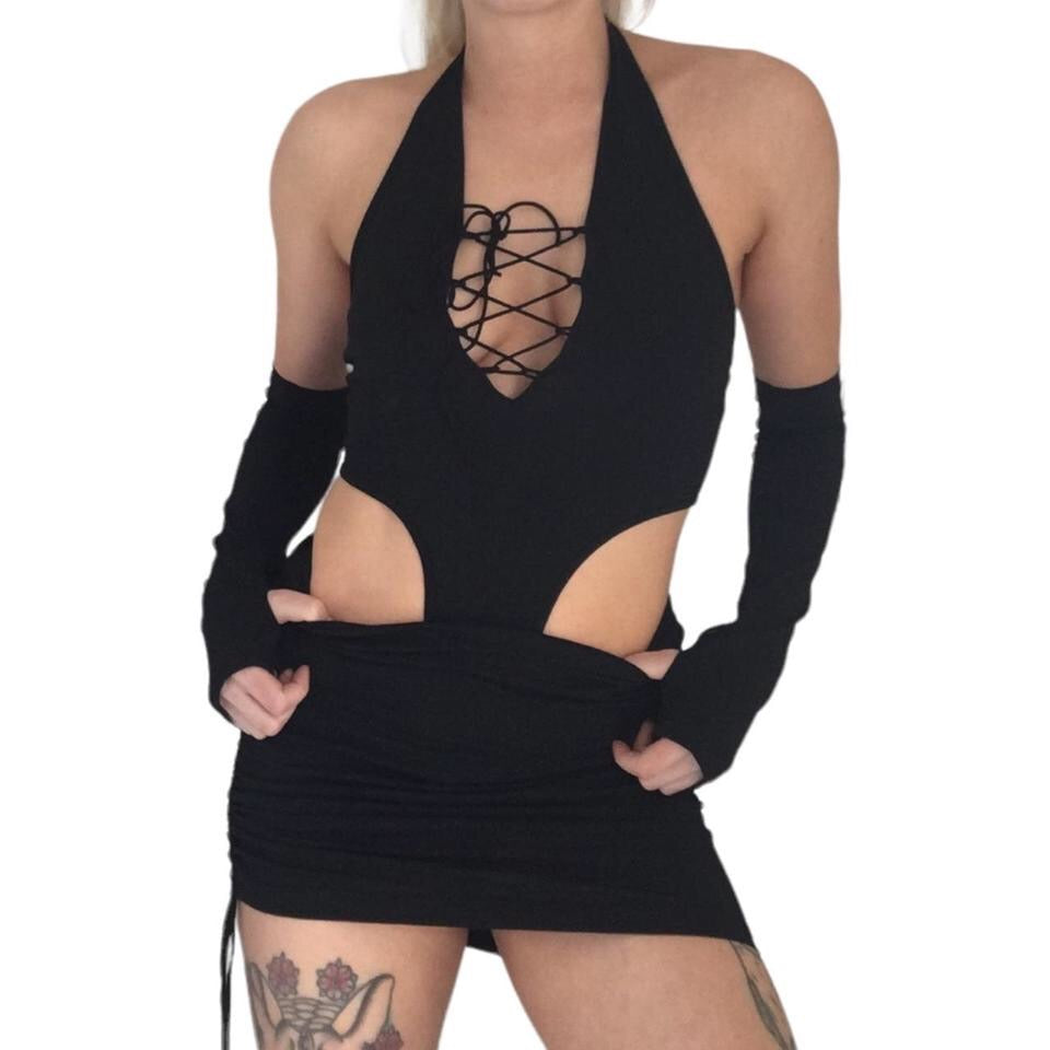 Black Lace Up 3 Piece Techno Festival Dress Set