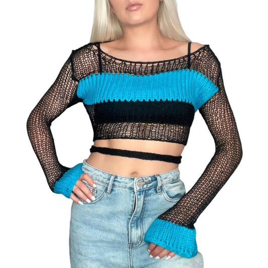 Black Open Knit Backless Cropped Jumper