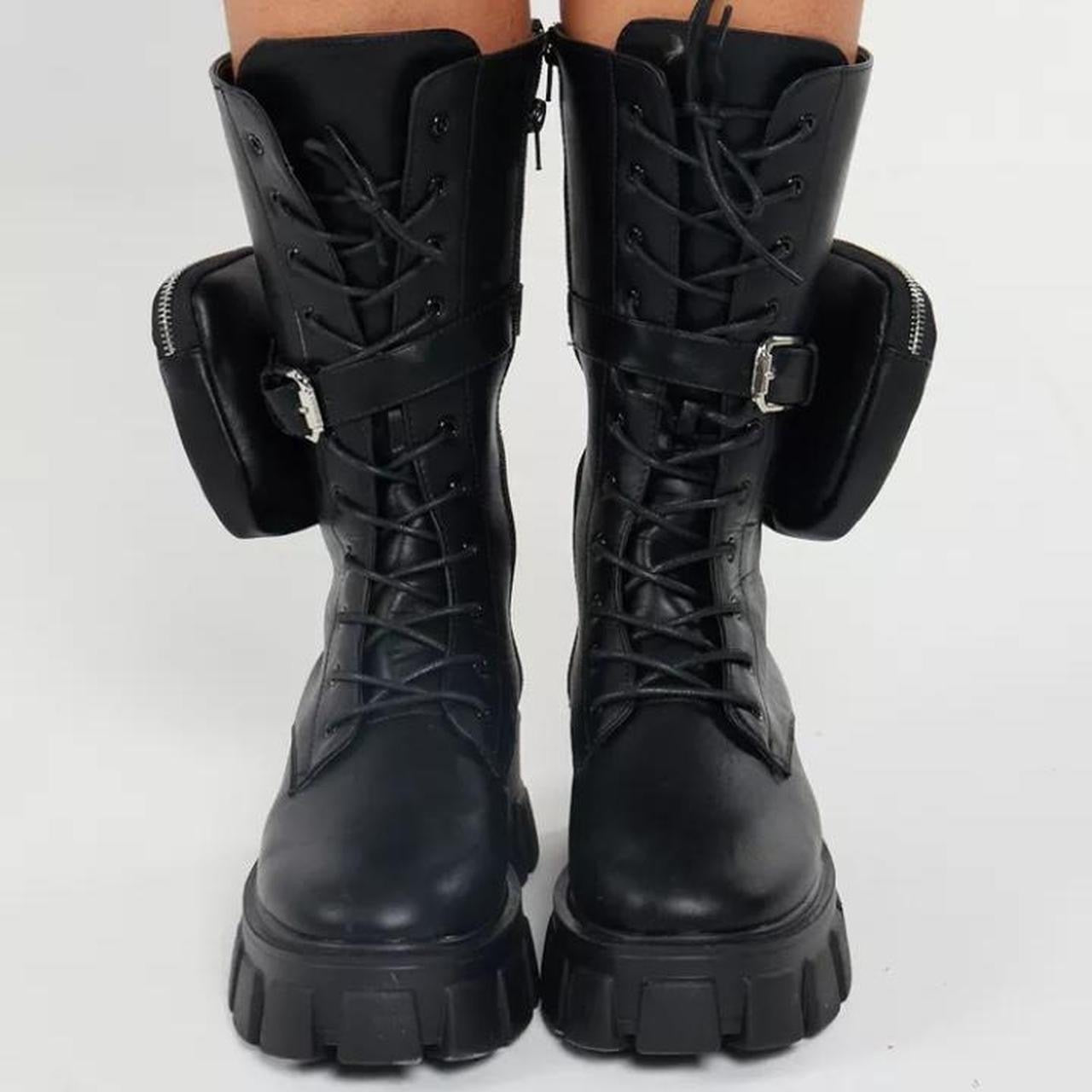 Black Faux Leather Chunky Lace Up Purse Boots