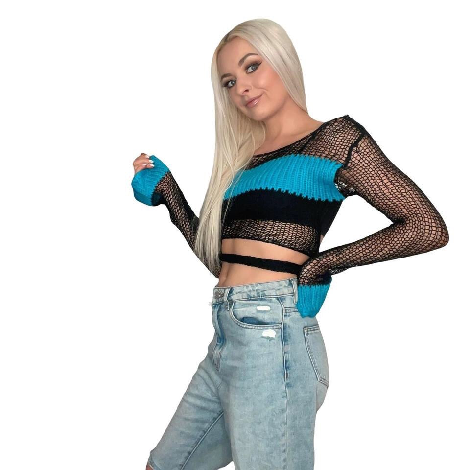 Black Open Knit Backless Cropped Jumper