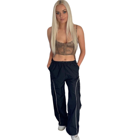 Black Wide Leg Baggy Cargo Tracksuit Bottoms