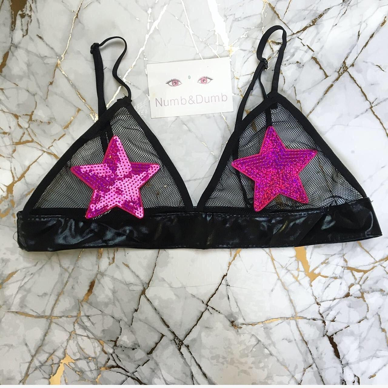 Pink sequin Star Patch Mesh Faux Leather Bra