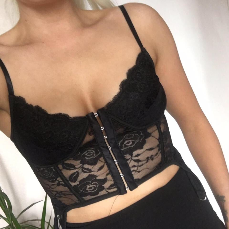 Black Floral Lace Corset Crop Top