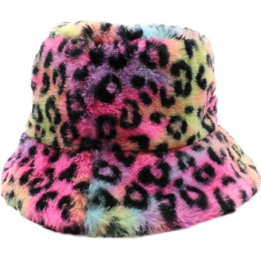 Multicoloured Rainbow Leopard Print Fluffy Bucket Hat