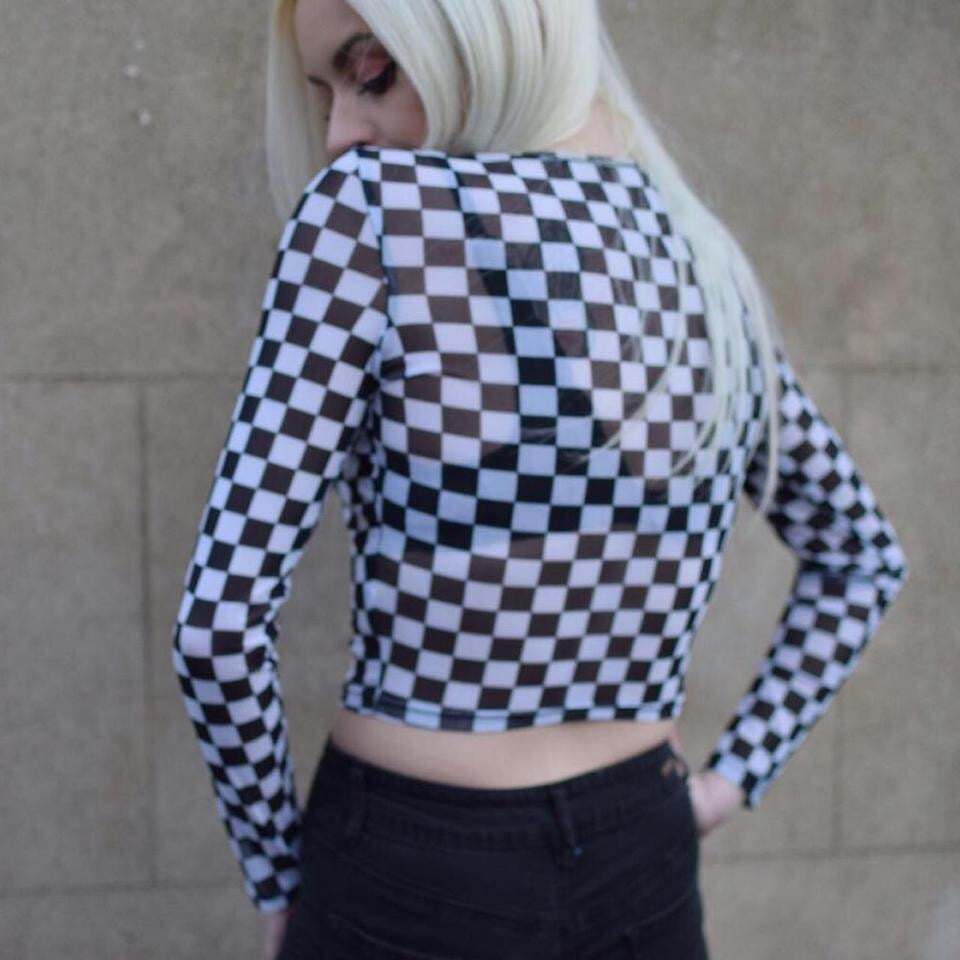 Black and White Checkerboard Mesh Crop Top