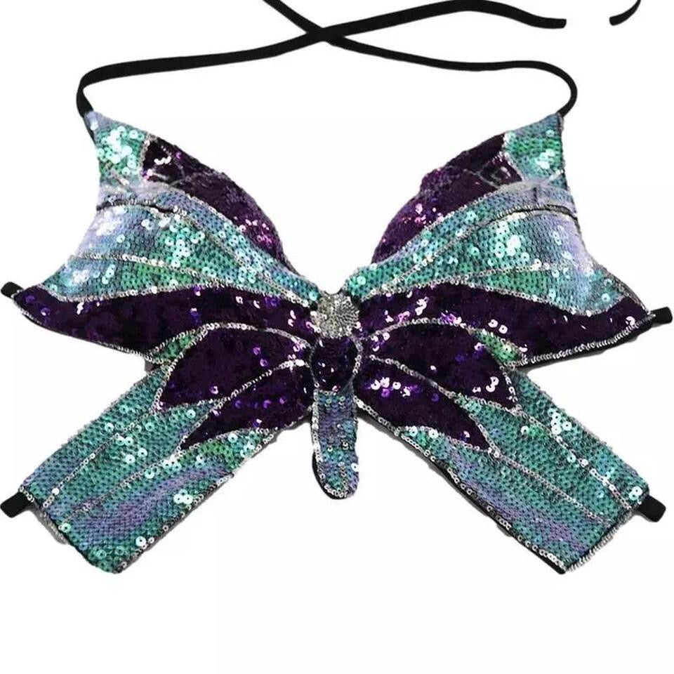 Purple Sequin Butterfly Backless Crop Top