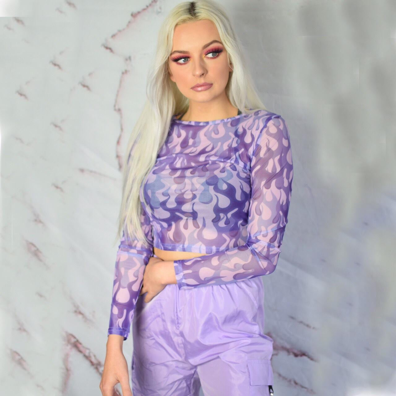 Purple Flame Print Mesh Crop Top