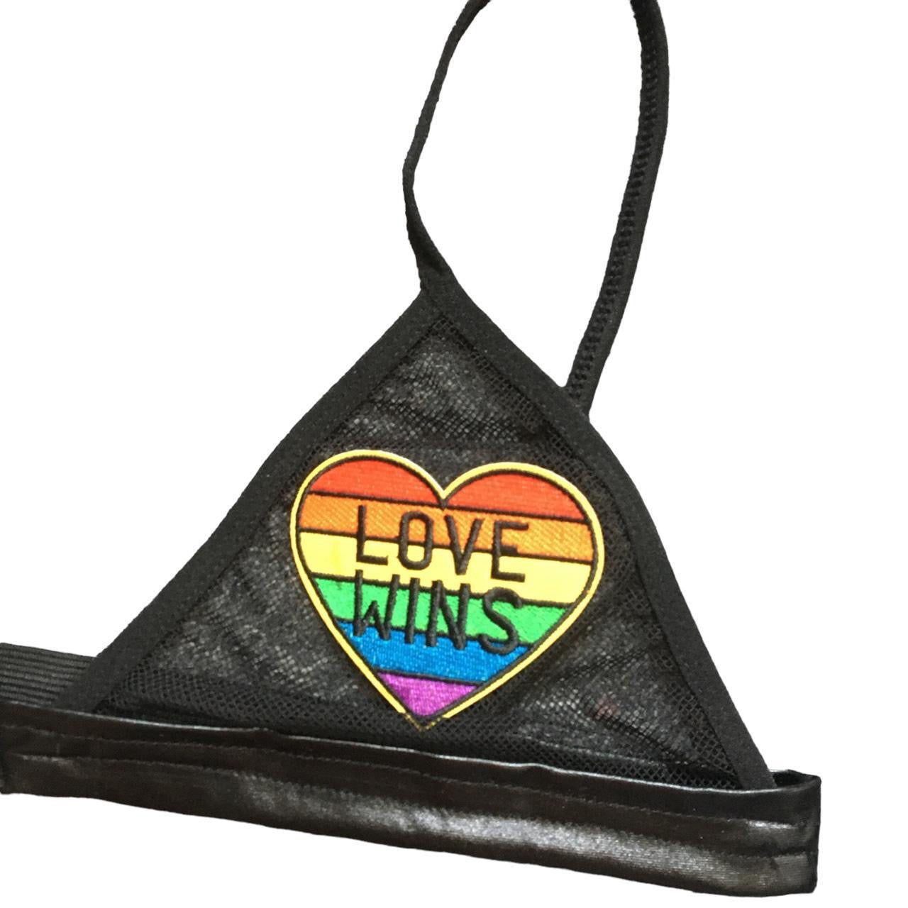 Love Wins Rainbow Heart Patch Mesh Faux Leather Bra