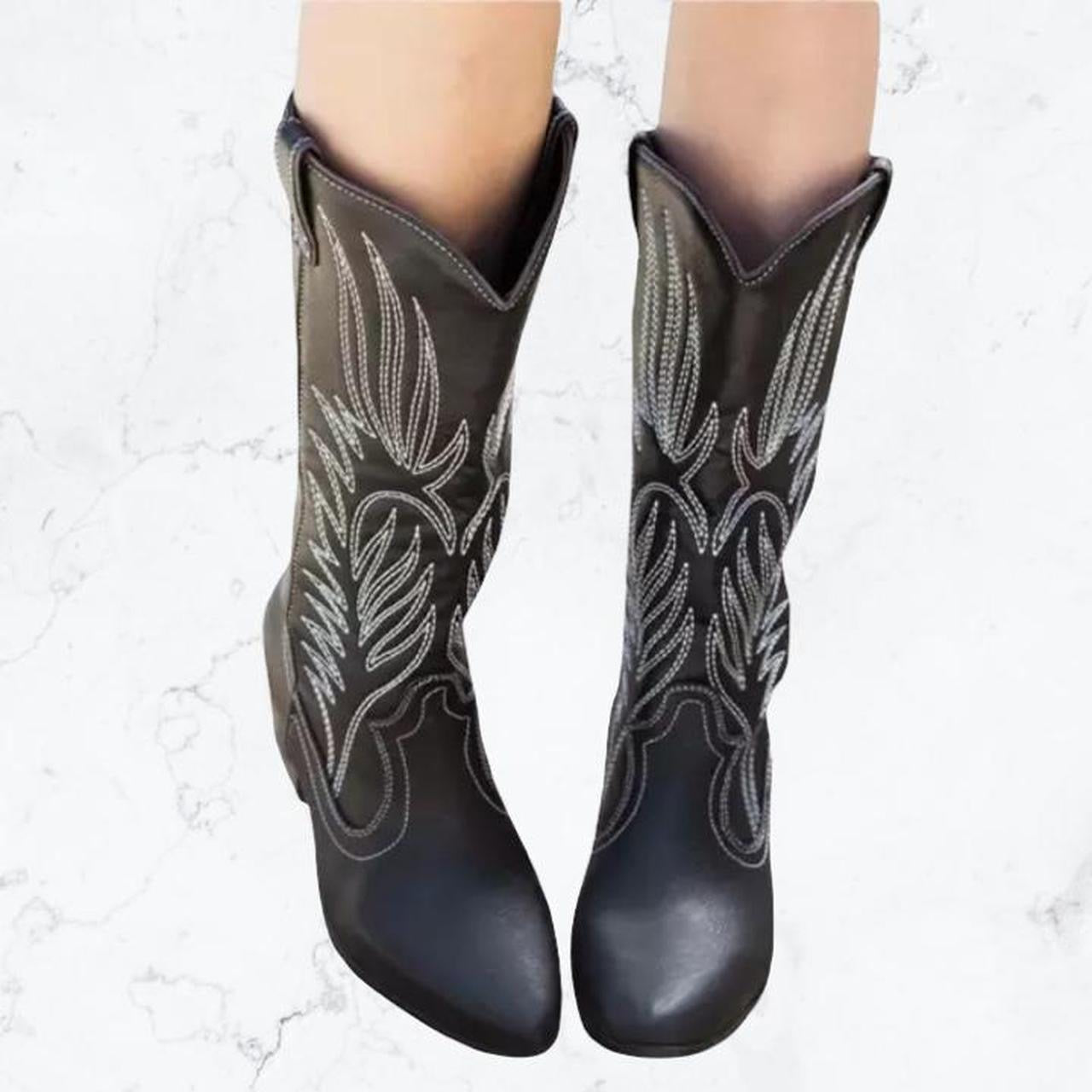 Black Faux Leather Cowboy Western Boots