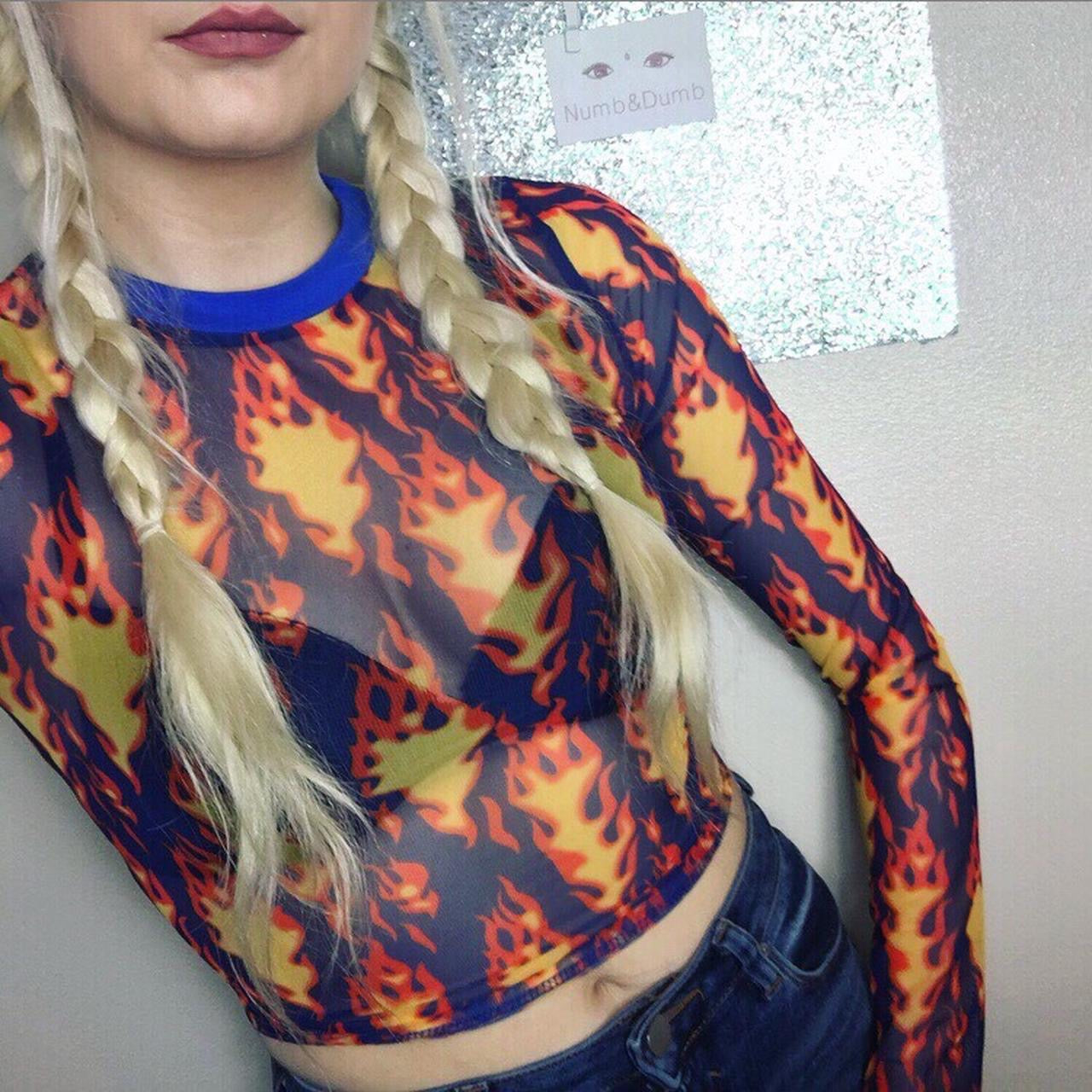 Red Flame Print Mesh Crop Top