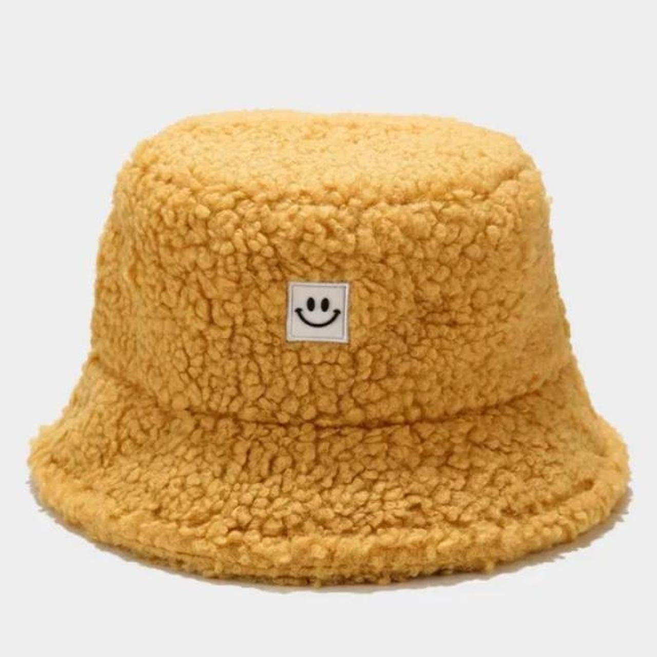 Yellow Fuzzy Smiley Face Bucket Hat