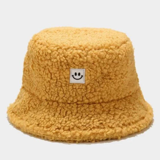 Yellow Fuzzy Smiley Face Bucket Hat